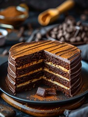 A chocolate cake with a slice taken out.