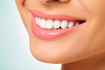 Obraz premium Isolated smile with white beautiful straight teeth of young woman close-up on a white background