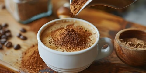 Close-up shot of pouring mushroom coffee powder into a white cup. Concept Food Photography, Close-up Shots, Pouring Process, Mushroom Coffee, White Cup