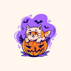 Cute cat emerges from inside a pumpkin