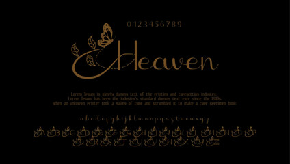 Heaven premium luxury elegant alphabet letters and numbers. Vintage wedding typography classic serif font decorative vintage concept. Creative vector illustration