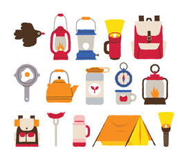 Items for summer camping, trekking. Travel supplies icons for outdoor base camp. Backpack, campfire, tent, pointers, bowler hat. Isolated flat vector illustration