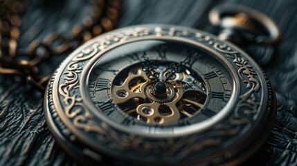 Close-up of a vintage pocket watch with intricate engravings on a dark background