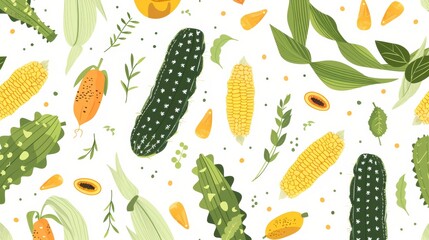 An illustration of colorful stylized corn icons scattered on a white background.