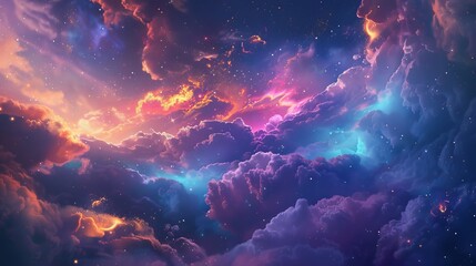 Fototapeta premium A vibrant, cosmos-inspired, 3D abstract digital artwork featuring iridescent clouds and futuristic glowing fibers.