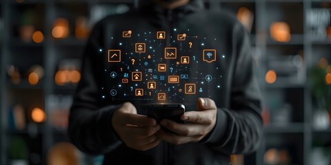Obraz premium Person holding a smartphone with holographic social media and app icons emerging, symbolizing digital connectivity and mobile technology. Ideal for tech presentations, social media marketing