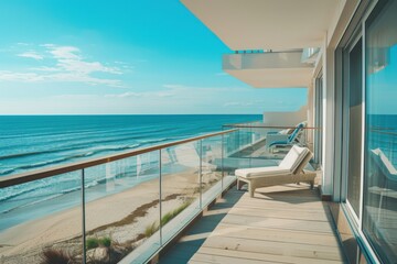A wide beachfront balcony with lounge chairs, offering a direct view of the beach under crystal-clear skies, perfect for enjoying peaceful sea breezes and open space.