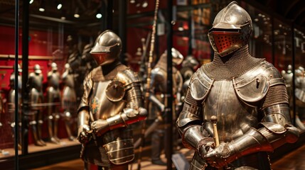 Fototapeta premium Medieval weapons and armor on display offer a fascinating glimpse into history with swords, shields, and more.