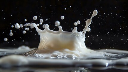 A captivating close-up of a milk splash captured mid-air against a dark background. Perfect for themes related to dairy products, freshness, and food photography.