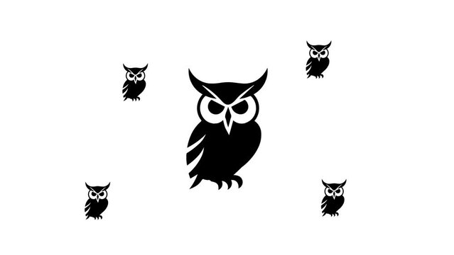 Zoom in and out animation the owl symbol. Large black symbol in the center and four small symbols around. Seamless looped 4k animation on white background