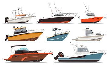 Vector set of Ships and Boats Isolated on White Background. Cartoon Vector Illustration of Different Marine Vessels