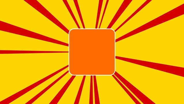 Rounded square symbol on the background of animation from moving rays of the sun. Large orange symbol increases slightly. Seamless looped 4k animation on yellow background