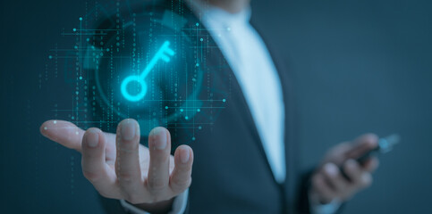 Key unlock Business man holding and managed his cybersecurity and privacy to protect data by key icon holographic technology. protecting personal data on virtual, getting keys to successfully in work