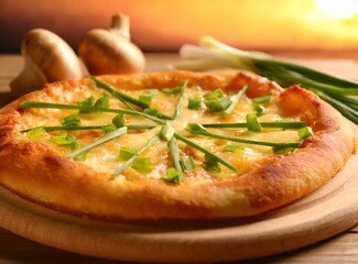 Pizza with chives onion. Mediterranean Cuisine.