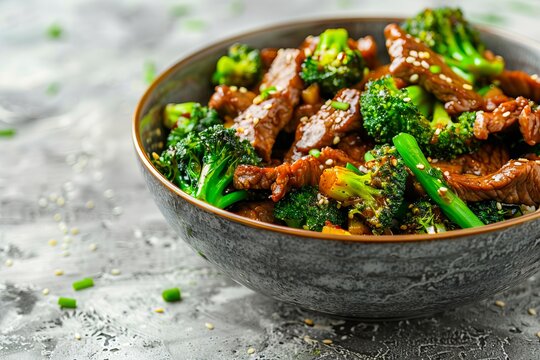 A bowl of beef and broccoli with sesame seeds.