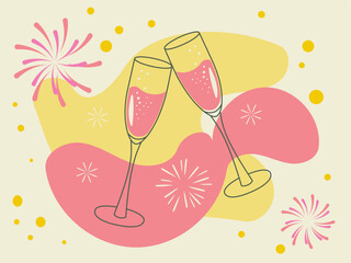 Two glasses of champagne clink against a background of fireworks and splashes of color. Festive illustration in retro minimalist style for New Year, birthday, ideal for a postcard