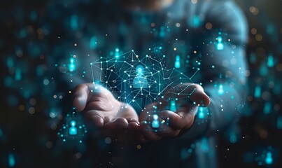 Hands holding a glowing holographic network of human icons and digital connections, symbolizing social networking and technology. Ideal for tech presentations, social media visuals, and networking 
