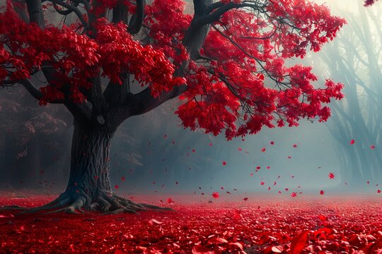 A red tree in a foggy forest.