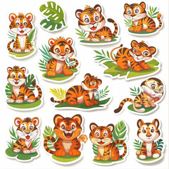 Obraz premium Asset of sticker tiger isolation over white background, Illustration