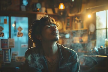 Portrait of a contemplative man in a cozy, dimly lit café, with warm lighting and a nostalgic atmosphere. Ideal for lifestyle blogs, artistic projects, and mood-setting visuals.