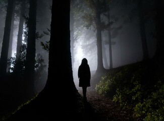 Mysterious and scary silhouette of a stalker following you in the forest. Generative AI.