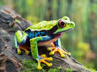 Green wild frog in the forest closeup