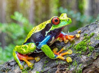Green Toxic Frog on a trunk in the Rainforest. Macro photography of fauna.