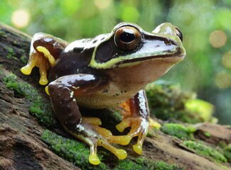 Green wild frog in the forest closeup
