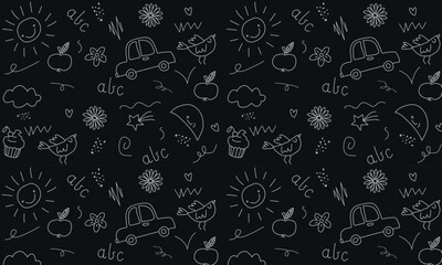 Cute kid scribble line flower, heart. rainbow background. Hand drawn doodle sketch childish element set. Flower, heart, cloud children draw style design elements background. Vector illustration