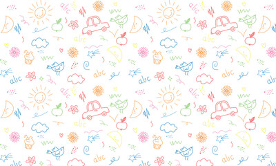 Children school, kindergarten vector doodle set. Cute daycare hand drawn flower, toy, animal elements. Childish cute preschool activity, education doodle background. Vector illustration