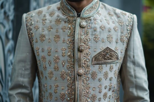 Groom is wearing a traditional achkan suit with intricate gold embroidery