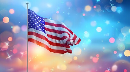 The American flag waves against a colorful, festive bokeh background. Ideal for patriotic themes, national holidays, celebrations, and events highlighting American pride and unity.