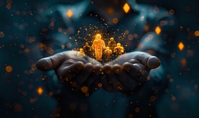 Hands holding glowing holographic human figures, symbolizing leadership, innovation, and technology in business. Ideal for corporate presentations, tech industry promotions, and leadership 