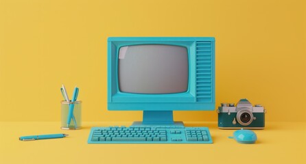 Retro Blue Computer Setup on Yellow Background