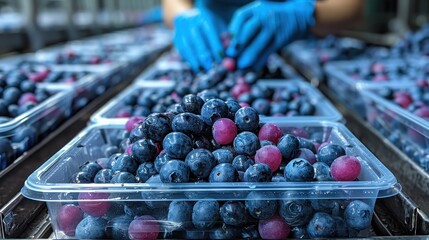 Fresh blueberries are being packed into clear plastic containers at a processing plant, showcasing careful inspection by workers, emphasizing freshness, food safety, and quality control.