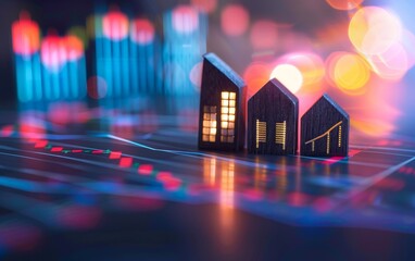 Miniature house models on abstract financial charts with colorful bokeh background representing real estate market trends and analysis.