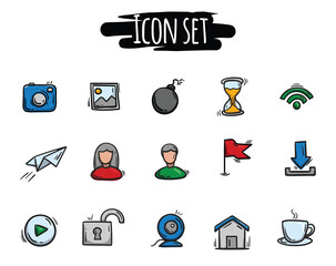 Vector set of colored hand drawn icons. Signs and symbols related to social media. Simple editable pictograms for a website, application, design.