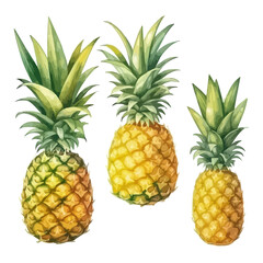 Set of pineapple watercolor isolated on a white background. Fruit painting vector illustration, 