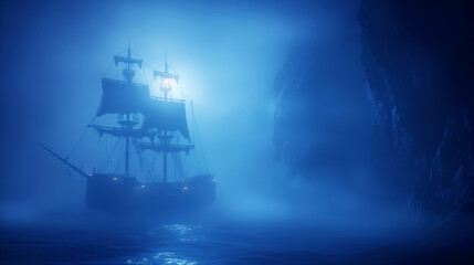Fototapeta premium Eerie sailing ship navigating through mist at night with mysterious light illumination