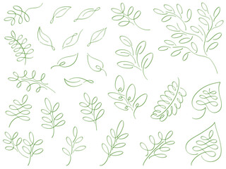 緑の植物のカリグラフィー線画イラストセット