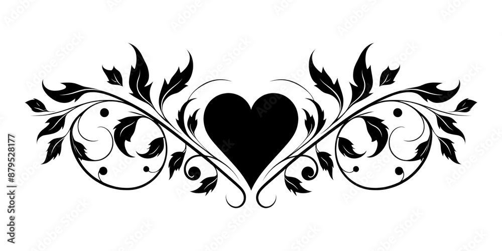 Poster a single vector black and white graphic of vintage divider of *heart and leaves*, isolated on white background --ar 3:2