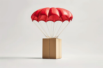 cardboard package with red parachute on white background