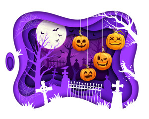 Halloween paper cut banner with cemetery and scary pumpkins. Fall season scary event, Happy Halloween witchcraft holiday papercut vector background with pumpkin Jack o Lantern, cemetery landscape