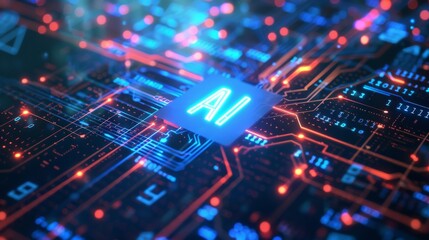 Fototapeta premium Futuristic circuit board with glowing 'AI' symbol, showcasing advanced artificial intelligence technology, data processing and neural networks.