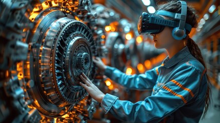 A professional technician wearing virtual reality equipment and a jumpsuit works on large, intricate machinery inside an industrial setting, with glowing orange elements.