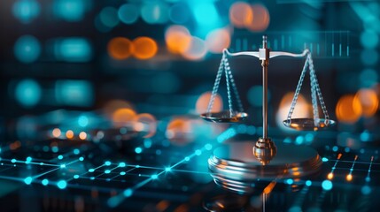 Digital justice concept with a scale balancing on a futuristic background. Represents legal tech, cybersecurity, and ethical technology.
