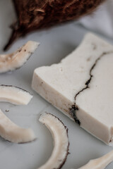Natural, ecological, antiseptic handmade soap, made with the addition of coconut oil that cares for the skin, moisturizes, softens, and prevents the feeling of dryness and weathering. Close-up