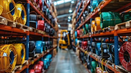 A vividly colored assortment of various cable coils neatly arranged on shelves in a spacious, well-lit warehouse aisle. Background features a forklift in action.