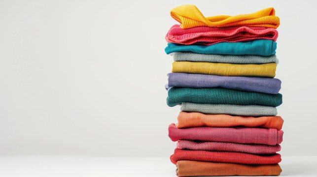 Colorful stack of neatly folded clothing on white background Top view with copy space