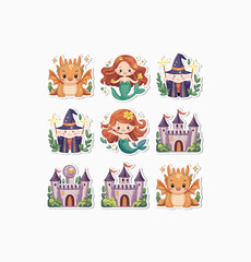 Fototapeta premium Fantasy creatures printable stickers clipart illustration set